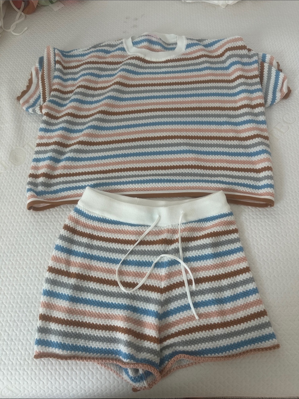 Pink Lily Striped Knit Pajama Set - Blue, Brown & White